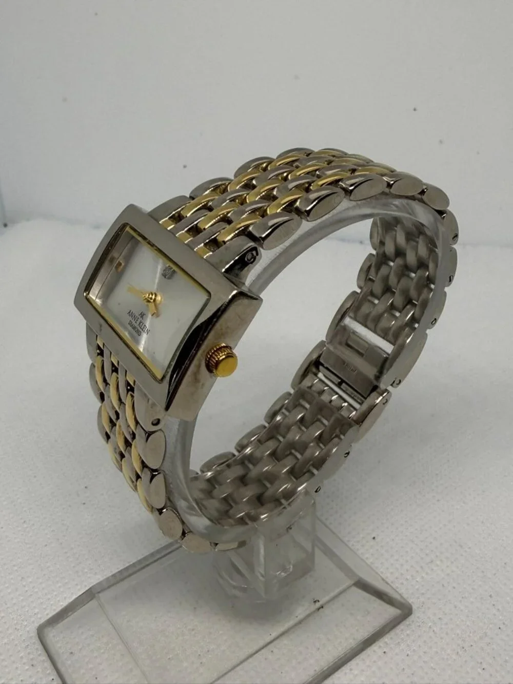Anne Klein Diamond Ladies Two-Tone Rectangular Bracelet Watch Silver Dial 1072S3